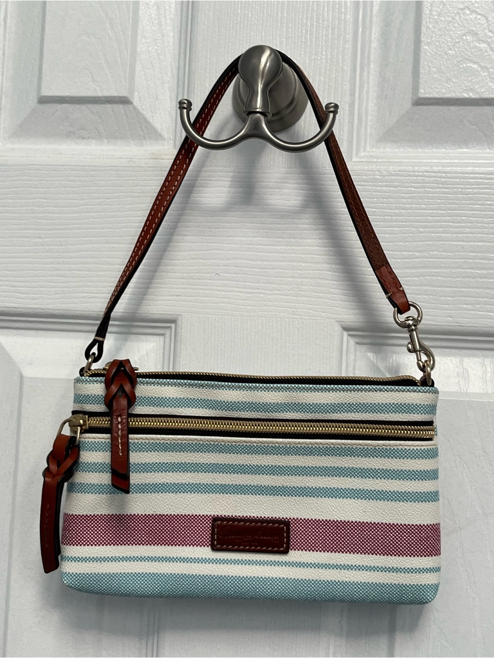 Dooney & Bourke Westerly Tech Top Zip Pouch striped canvas leather trim